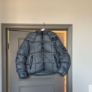 burnt blue iets frans waterproof puffer jacket  zipper pockets, hood+neck collar